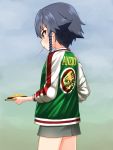  1girl anzio_(emblem) bangs black_hair braid brown_eyes closed_mouth commentary_request cowboy_shot emblem english eyebrows_visible_through_hair food fork fork_in_mouth from_behind frown girls_und_panzer green_jacket grey_skirt hair_tie highres holding holding_food jacket letterman_jacket long_sleeves looking_to_the_side miniskirt mouth_hold partial_commentary pencil_skirt pepperoni_(girls_und_panzer) plate ruka_(piyopiyopu) short_hair side_braid skirt solo standing 