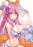  1girl animal_ear_fluff animal_ears bikini breasts bug butterfly cleavage commentary_request criss-cross_halter demmy fan fate/extra fate_(series) flower fox_ears fox_tail hair_ornament halterneck hydrangea insect large_breasts long_hair navel pink_hair side-tie_bikini solo swimsuit tail tamamo_(fate)_(all) tamamo_no_mae_(fate) yellow_eyes 