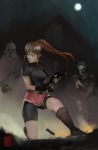  1girl bike_shorts bike_shorts_under_shorts cartridge claire_redfield gun letsplaygods long_hair multiple_boys resident_evil resident_evil_2 shorts weapon zombie 