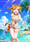  1girl :d beach bikini blue_eyes blue_sky bow breasts brown_hair cleavage clouds collarbone day earrings floating_hair green_bikini hair_between_eyes hair_bow happy_birthday ink_(pixiv25450915) jewelry kousaka_honoka lens_flare looking_at_viewer love_live! love_live!_school_idol_festival love_live!_school_idol_project medium_breasts ocean open_mouth outdoors palm_tree short_hair side_ponytail sky smile solo standing sunlight swimsuit thigh_strap tree wading yellow_bow 