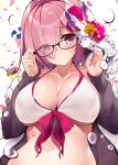  1girl adjusting_eyewear bare_shoulders bikini blush breasts cleavage closed_mouth collarbone cup drinking_straw eyebrows_visible_through_hair fate/grand_order fate_(series) food fou_(fate/grand_order) glasses grey_jacket hair_over_one_eye ice_cream jacket large_breasts lavender_hair looking_at_viewer mash_kyrielight medjed navel netarou open_clothes open_jacket petals short_hair simple_background solo swimsuit swimsuit_of_perpetual_summer violet_eyes water_drop white_background white_bikini 