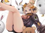  1girl :o abigail_williams_(fate/grand_order) ass bangs bare_legs black_bow black_jacket black_panties blonde_hair blue_eyes blush bow commentary_request fate/grand_order fate_(series) fou_(fate/grand_order) hair_bow hair_bun jacket long_hair long_sleeves looking_at_viewer medjed object_hug orange_bow panties parted_bangs parted_lips polka_dot polka_dot_bow simple_background sleeves_past_fingers sleeves_past_wrists solo stuffed_animal stuffed_toy teddy_bear underwear white_background yutoriko_(candy0905) 