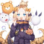  1girl :o abigail_williams_(fate/grand_order) bangs black_bow black_jacket blonde_hair blue_eyes bow bubble bubble_blowing commentary_request fate/grand_order fate_(series) fou_(fate/grand_order) hair_bow hair_bun hand_up holding jacket long_hair long_sleeves looking_at_viewer object_hug open_mouth orange_bow parted_bangs polka_dot polka_dot_bow pong_(vndn124) round_teeth simple_background sleeves_past_fingers sleeves_past_wrists solo stuffed_animal stuffed_toy suction_cups teddy_bear teeth tentacle upper_teeth white_background 