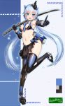  1girl :d adapted_costume armor bangs bare_shoulders between_breasts bikini_armor black_footwear black_gloves black_legwear black_skirt blue blue_background blue_choker blue_eyes blue_hair blue_panties blush breasts choker commentary_request crossed_bangs doyouwantto elbow_gloves eyebrows_visible_through_hair frame_arms_girl frilled_choker frills full_body gloves hair_between_eyes head_tilt headgear highres holding holding_sword holding_weapon index_finger_raised katana leg_up long_hair looking_at_viewer low_twintails medium_breasts navel open_mouth outstretched_arm over_shoulder panties pleated_skirt reaching_out see-through shiny shiny_hair shiny_skin sidelocks signature skirt smile solo standing standing_on_one_leg stomach striped striped_panties stylet sword sword_over_shoulder thigh-highs tsurime twintails underwear very_long_hair weapon weapon_over_shoulder white_panties 