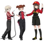  3girls :d absurdres aki_(girls_und_panzer) alternate_costume bangs baseball_cap black_belt black_footwear black_legwear black_pants black_shorts blunt_bangs brown_eyes brown_hair closed_mouth collared_shirt commentary_request dated employee_uniform english excel_(shena) eyebrows_visible_through_hair from_side full_body gas_pump_nozzle girls_und_panzer green_eyes hair_tie hat hat_removed headwear_removed highres holding jacket kneehighs light_brown_hair logo long_hair long_sleeves looking_at_viewer mika_(girls_und_panzer) mikko_(girls_und_panzer) multiple_girls open_mouth pants reaching_out receipt red_eyes red_hat red_jacket red_shirt redhead shell_(company) shirt shoes short_hair short_sleeves short_twintails shorts simple_background smile standing standing_on_one_leg tire twintails twitter_username uniform watermark white_background 