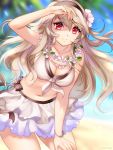  1girl bikini black_hairband black_ribbon blue_sky bracelet breasts cleavage closed_mouth day female_my_unit_(fire_emblem_if) fire_emblem fire_emblem_heroes fire_emblem_if flower gigamessy hair_flower hair_ornament hairband jewelry leaning_forward long_hair medium_breasts my_unit_(fire_emblem_if) red_eyes ribbon sky smile solo swimsuit white_bikini white_hair wreath 
