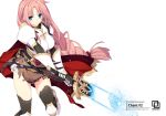  1girl armor belt blue_eyes braid breasts cape cleavage cross elsword_(character) gauntlets greaves isizuaki large_breasts long_hair lord_knight ragnarok_online redhead skirt solo sword thigh-highs torn_clothes weapon 