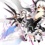  1girl back bare_shoulders code:_ultimate_(elsword) elsword eve_(elsword) facial_mark forehead_jewel hair_ornament holding holding_spear holding_weapon long_hair maid_headdress materializing polearm silver_hair spear vilor weapon wings 