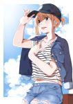  1girl absurdres amu_(258shin) black_hat blue_sky blush clouds collarbone commentary_request cutoffs day denim denim_jacket denim_shorts eyebrows_visible_through_hair hand_on_headwear hand_up hat highres horizontal-striped_shirt jacket_on_shoulders leaning_back legs_together looking_to_the_side open_mouth original outdoors outside_border pale_skin shirt shirt_pull short_hair short_ponytail short_sleeves shorts sky solo standing striped striped_shirt sweat t-shirt tongue tongue_out 