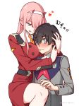  1boy 1girl bangs black_hair blue_eyes blush breasts commentary_request couple darling_in_the_franxx green_eyes hair_ornament hairband hand_on_another&#039;s_head hand_on_another&#039;s_neck heart hetero hiro_(darling_in_the_franxx) horns hug leg_up lipstick long_hair looking_at_viewer makeup medium_breasts oni_horns pink_hair red_horns short_hair signature thighs toma_(norishio) tongue tongue_out white_hairband zero_two_(darling_in_the_franxx) 
