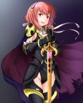  1girl armor black_armor cape eeryuu_(2004107) fire_emblem fire_emblem_if gauntlets hair_ornament hairband highres holding holding_sword holding_weapon open_mouth pink_hair red_eyes sakura_(fire_emblem_if) short_hair simple_background solo standing sword weapon 