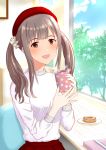  1girl :d blush box brown_eyes brown_hair cup doughnut food gift gift_box hair_ornament hair_scrunchie hat holding holding_cup idolmaster idolmaster_cinderella_girls indoors long_hair looking_at_viewer mizumoto_yukari open_mouth red_hat red_skirt scrunchie shiny shiny_hair sitting skirt smile solo sparkle steam sweater toufuu twintails upper_body white_scrunchie white_sweater window 