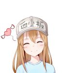  1girl blonde_hair blue_shirt blush closed_eyes grey_hat hair_between_eyes hataraku_saibou head_tilt heart highres long_hair mikuning platelet_(hataraku_saibou) portrait shirt simple_background smile solo white_background 