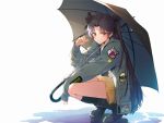 1girl absurdres black_footwear black_legwear black_ribbon black_umbrella boots brown_hair eyebrows_visible_through_hair fate/grand_order fate_(series) full_body green_jacket hair_ribbon highres ishtar_(fate/grand_order) jacket kneehighs long_hair looking_at_viewer melikecurry miniskirt open_clothes open_jacket pleated_skirt red_eyes ribbon simple_background skirt solo squatting tohsaka_rin twintails umbrella very_long_hair white_background yellow_skirt 