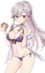  1girl azur_lane blush breasts choker cleavage closed_mouth collarbone crumbs doughnut dunkerque_(azur_lane) eyebrows_visible_through_hair flower food grey_hair hair_flower hair_ornament highres holding holding_food izumo_neru large_breasts long_hair looking_at_viewer navel pink_eyes solo 