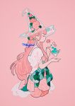  1girl artist_name bangs braid closed_eyes cup dress drink facing_to_the_side floating floating_object flower hat highres leaf leaf_print long_hair meyoco original pink_background pink_dress pink_flower pink_hair see-through simple_background solo sparkle upper_body witch_hat 