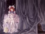  1girl bird bow crescent curtains deathsmiles dress hair_bow highres indoors long_hair long_sleeves looking_at_viewer on_bed owl pantyhose red_eyes redhead sitting solo star white_bow white_dress white_footwear white_legwear windia_(deathsmiles) zhixie_jiaobu 