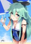  1girl beach_umbrella black_bow blue_eyes blue_neckwear blue_sky blush bottle bow breasts clouds cloudy_sky eyebrows_visible_through_hair green_hair hair_between_eyes hair_bow hair_ornament hairclip highres kantai_collection long_hair looking_at_viewer medium_breasts natsunoyuu neckerchief ocean open_mouth school_uniform serafuku sky solo swimsuit umbrella very_long_hair yamakaze_(kantai_collection) 