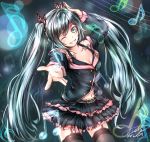  2015 ;d belt black_bra black_skirt blue_eyes blue_hair bow bra breasts butterfly_hair_ornament cleavage collarbone cowboy_shot eyebrows_visible_through_hair floating_hair garter_straps grey_legwear grin hair_between_eyes hair_ornament hand_on_head hatsune_miku highres ko-wei layered_skirt lens_flare long_hair looking_at_viewer medium_breasts midriff miniskirt musical_note navel one_eye_closed open_mouth outstretched_arm pink_bow signature skirt smile staff_(music) stomach thigh-highs twintails underwear very_long_hair vocaloid 