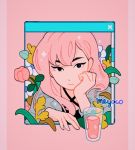  1girl artist_name black_eyes cup drink drinking_glass flower head_on_hand long_hair looking_at_viewer meyoco original pink_background pink_flower pink_hair portrait simple_background solo white_flower window window_(computing) 