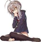  1girl ahoge akieda artoria_pendragon_(all) between_legs black-framed_eyewear black_legwear blonde_hair braid commentary_request eyebrows_visible_through_hair fate/grand_order fate_(series) french_braid full_body glasses hair_between_eyes hand_between_legs hand_to_own_mouth looking_at_viewer mysterious_heroine_x_(alter) no_pants no_shoes open_mouth ribbon school_uniform semi-rimless_eyewear serafuku short_hair simple_background sitting smile solo thigh-highs under-rim_eyewear white_background yellow_eyes 