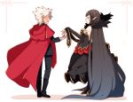 1boy 1girl :d absurdly_long_hair amakusa_shirou_(fate) black_dress black_hair boots closed_eyes commentary_request cross cross_earrings dark_skin detached_sleeves dress earrings fate/apocrypha fate_(series) fur_trim highres hood hood_down jewelry long_hair looking_at_another open_mouth pointy_ears ponita red_cloak semiramis_(fate) smile spiky_hair very_long_hair white_hair yellow_eyes 