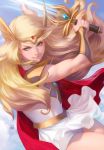  armor blonde_hair blue_eyes cape fantasy headgear highres long_hair masters_of_the_universe pauldrons red_cape she-ra shorts shorts_under_skirt skirt stanley_lau sword sword_of_protection weapon 