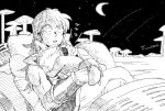  1boy 2018 black closed_eyes commentary_request crescent_moon dated dragon_ball dragon_ball_(classic) fingernails hug long_hair male_focus monochrome moon night night_sky open_mouth outdoors pillow puar shooting_star sitting sky sleeping sleeping_on_person star_(sky) starry_sky tail twitter_username white wristband yamcha 