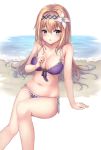  1girl arm_support bangs bare_arms bare_shoulders beach bikini blue_eyes blush breasts cleavage collarbone commentary_request eyebrows_visible_through_hair flower front-tie_bikini front-tie_top granblue_fantasy hair_between_eyes hair_flower hair_ornament highres jeanne_d&#039;arc_(granblue_fantasy) light_brown_hair long_hair looking_at_viewer medium_breasts navel parted_lips purple_bikini sand side-tie_bikini sitting solo swimsuit very_long_hair water white_background white_flower ym_(distance819) 