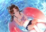  1girl bikini broom brown_hair commentary_request frilled_bikini_top from_above hair_ribbon holding idolmaster idolmaster_cinderella_girls innertube long_hair looking_at_viewer parted_lips pettan_p ribbon solo swimsuit tachibana_arisu water 