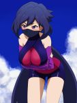  1girl awa ayame_(gundam_build_divers) bangs bike_shorts black_hair black_shorts blue_sky blush breast_hold breasts cleavage clouds cloudy_sky commentary_request cowboy_shot day detached_sleeves face_mask gundam gundam_build_divers large_breasts long_hair looking_away mask ninja outdoors red_scarf red_shirt scarf shirt short_shorts shorts sky solo standing very_long_hair violet_eyes 