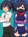  1girl awa ayame_(gundam_build_divers) bangs black_hair black_legwear black_neckwear black_skirt blue_kimono blush closed_mouth commentary_request comparison cowboy_shot crossed_arms detached_sleeves directional_arrow dress_shirt dual_persona face_mask frown fujisawa_aya_(gundam_build_divers) gundam gundam_build_divers japanese_clothes kimono looking_at_viewer mask medium_skirt neck_ribbon ninja partial_commentary pleated_skirt ponytail red_scarf ribbon scarf shirt short_hair short_kimono skirt sleeveless sleeveless_kimono standing swept_bangs thigh-highs translated violet_eyes white_shirt 