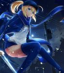  1girl absurdres ahoge artoria_pendragon_(all) blonde_hair blue_buruma blue_eyes blue_hat blue_jacket blue_legwear blue_scarf buruma day excalibur fate/grand_order fate_(series) floating_hair from_below gym_uniform hat highres jacket long_hair looking_at_viewer mysterious_heroine_x night open_clothes open_jacket outdoors ponytail scarf shirt slime_(user_jpds8754) solo sparkle thigh-highs white_shirt 
