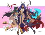  3girls ;q animal_ears asaya_minoru ass bandage bandaged_arm bandages bangle bangs bare_shoulders black_footwear black_legwear boots bracelet breasts bridal_gauntlets brown_footwear cleavage closed_mouth commentary_request crescent dark_skin earrings egyptian egyptian_clothes eyebrows_visible_through_hair facial_mark fate/grand_order fate_(series) forehead_jewel green_eyes green_hair hair_between_eyes hairband hat head_chain head_tilt high_heel_boots high_heels holding holding_staff hoop_earrings jackal_ears jewelry lantern large_breasts long_hair looking_at_viewer looking_to_the_side low-tied_long_hair mini_hat multiple_girls navel nitocris_(fate/grand_order) oil_lamp one_eye_closed open_mouth pauldrons pink_background profile purple_hair queen_of_sheba_(fate/grand_order) revealing_clothes sandals scheherazade_(fate/grand_order) see-through shoe_soles shoes sidelocks smile staff thigh-highs thigh_boots tilted_headwear tongue tongue_out twitter_username two-tone_background very_long_hair violet_eyes white_background white_hat 