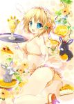  1girl :d animal animal_ears anko_(gochiusa) bangs bare_shoulders bikini blonde_hair blue_eyes blush breasts bunny_girl bunny_tail commentary_request crown ears_down eyebrows_visible_through_hair floppy_ears food food_themed_hair_ornament fruit gochuumon_wa_usagi_desu_ka? hair_between_eyes hair_ornament hair_ribbon highres holding holding_tray kirima_sharo medium_breasts mikeou mini_crown open_mouth orange orange_bikini orange_hair_ornament orange_ribbon outstretched_arm parfait polka_dot polka_dot_bikini rabbit rabbit_ears ribbon smile solo swimsuit tail tray wild_geese wrist_cuffs 