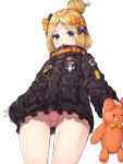  1girl :o abigail_williams_(fate/grand_order) absurdres bangs black_bow black_jacket blonde_hair blue_eyes blush bow commentary_request eyebrows_visible_through_hair fate/grand_order fate_(series) from_below hair_bow hair_bun highres holding holding_stuffed_animal jacket long_hair long_sleeves looking_at_viewer looking_down orange_bow panties parted_bangs parted_lips pink_panties polka_dot polka_dot_bow rangen round_teeth simple_background sleeves_past_wrists solo stuffed_animal stuffed_toy teddy_bear teeth underwear upper_teeth white_background 