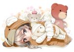  1girl absurdres animal_costume bandage bangs bear_costume blurry blurry_background boko_(girls_und_panzer) brown_eyes closed_mouth commentary_request excel_(shena) floral_background girls_und_panzer highres holding holding_stuffed_animal light_brown_hair looking_at_viewer lying on_side onesie pajamas shimada_arisu short_hair smile solo sparkle stuffed_animal stuffed_toy teddy_bear 