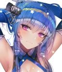  1girl ahoge armpits arms_behind_head azur_lane bangs bare_shoulders blue_gloves blue_hair blush breasts cleavage closed_mouth collarbone commentary dress elbow_gloves eyebrows_visible_through_hair gloves hair_between_eyes hair_ornament hair_ribbon hanato_(seonoaiko) hand_in_hair head_tilt large_breasts light_smile long_hair looking_at_viewer ribbon sideboob sidelocks smile solo sparkle st._louis_(azur_lane) star symbol_commentary tress_ribbon upper_body violet_eyes white_background white_gloves 