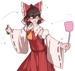  1girl anger_vein angry ascot bow brown_hair bug bug_spray clenched_teeth collar cowboy_shot detached_sleeves fly flyswatter frilled_bow frilled_collar frills hair_bow hair_tubes hakurei_reimu insect japanese_clothes long_hair mefomefo miko red_bow simple_background solo teeth touhou white_background wide_sleeves yellow_neckwear 