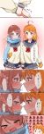  &gt;_&lt; 2girls :o ahoge bangs blue_eyes blue_scarf blush bow braid brown_hair comic face-to-face grey_skirt hair_bow hand_holding heart_ahoge highres long_sleeves love_live! love_live!_sunshine!! miniskirt minori_748 multiple_girls orange_hair orange_mittens pleated_skirt red_eyes scarf school_uniform serafuku shared_mittens short_hair side_braid skirt smile sweatdrop takami_chika translation_request watanabe_you wavy_mouth yellow_bow yuri |_| 