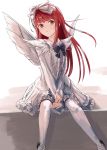  1girl angel_wings bow brown_eyes deathsmiles doran_(dorannomai) dress highres long_hair looking_at_viewer redhead simple_background sitting solo white_bow white_dress white_legwear white_wings windia_(deathsmiles) wings 