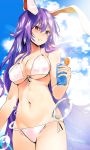  1girl animal_ears asuzemu bare_arms bare_shoulders bikini blue_sky blush breasts clouds collarbone commentary_request cowboy_shot cup day drinking_glass drinking_straw eyebrows_visible_through_hair food front-tie_bikini front-tie_top fruit groin hair_between_eyes halterneck holding holding_drinking_glass large_breasts long_hair navel orange orange_slice outdoors parted_lips pink_eyes purple_hair rabbit_ears reisen_udongein_inaba side-tie_bikini sidelocks sky solo standing stomach swimsuit thighs touhou very_long_hair water_drop white_bikini 