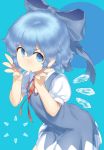  1girl :o bangs blue blue_background blue_bow blue_eyes blue_hair bow cirno detached_wings eyebrows_visible_through_hair fairy hair_between_eyes hair_bow highres ice ice_wings looking_at_viewer monosenbei neck_ribbon open_mouth puffy_short_sleeves puffy_sleeves red_ribbon ribbon short_hair short_sleeves solo touhou v-shaped_eyebrows wings 