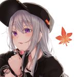  1girl baseball_cap blush candy collarbone earrings eyebrows_visible_through_hair food hat higuchi_kaede jacket jewelry leaf lollipop long_hair long_sleeves looking_away maple_leaf mole nijisanji ring silver_hair solo tongue tongue_out violet_eyes virtual_youtuber white_background zyenokana 