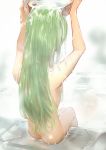  1girl ass back breasts bucket buckle c.c. code_geass creayus from_behind green_hair legs_together long_hair nude onsen outdoors pouring sideboob simple_background sitting solo steam water wet wet_hair wooden_bucket 