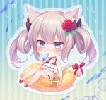  1girl amane_kurumi animal animal_ears azur_lane bangs bare_arms bare_shoulders bell bikini bikini_skirt black_bow black_footwear blue_eyes blush bow cat_ears cat_girl cat_tail chibi closed_mouth collarbone eating eyebrows_visible_through_hair fish flower food goldfish hair_between_eyes hair_bow hair_flower hair_ornament hammann_(azur_lane) holding holding_food jingle_bell long_hair looking_at_viewer popsicle red_bikini_top red_bow red_flower red_rose rose sandals silver_hair solo striped striped_background swimsuit tail tail_bell tail_bow twintails vertical-striped_background vertical_stripes 