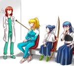 4girls arrow_in_body ayase_eli blonde_hair blue_hair bow_(weapon) chair cigarette comedy dha315 facepalm flip-flops hair_bun hair_ornament hair_scrunchie hands_in_pockets holding holding_bow_(weapon) holding_weapon if_they_mated impaled long_hair long_sleeves looking_at_another love_live! love_live!_school_idol_project love_live!_sunshine!! lowres matsuura_kanan medium_hair meme multiple_girls muneate nishikino_maki older redhead sandals scrunchie sitting slippers smoking socks sonoda_umi weapon white_legwear white_scrunchie younger