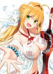  1girl :d aestus_estus ahoge bead_bracelet beads bikini bracelet breasts collarbone commentary_request fate/grand_order fate_(series) green_eyes holding holding_sword holding_weapon jewelry large_breasts long_hair looking_at_viewer navel nero_claudius_(fate)_(all) nero_claudius_(swimsuit_caster)_(fate) open_mouth simple_background smile solo striped striped_bikini swimsuit sword weapon white_background yon_(letter) 