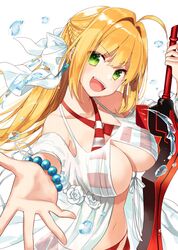  1girl :d aestus_estus ahoge bead_bracelet beads bikini bracelet breasts collarbone commentary_request fate/grand_order fate_(series) green_eyes holding holding_sword holding_weapon jewelry large_breasts long_hair looking_at_viewer navel nero_claudius_(fate)_(all) nero_claudius_(swimsuit_caster)_(fate) open_mouth simple_background smile solo striped striped_bikini swimsuit sword weapon white_background yon_(letter) 