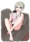  1girl barefoot chocolate clothes_writing couch earrings eating food grey_hair ice_cream idolmaster idolmaster_cinderella_girls jewelry looking_at_viewer necklace omaru_gyuunyuu on_couch open_mouth popsicle shiomi_shuuko shirt short_hair sitting solo white_shirt 